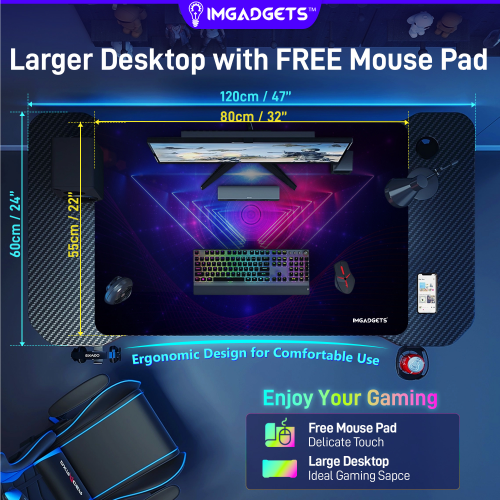 IMGadgets Z-Shaped Gaming Desk with Dynamic LED lighting & Durable Mouse Pad | 47"x24" Carbon Fiber Surface | 100 kg Load Capacity | Ultimate Gaming