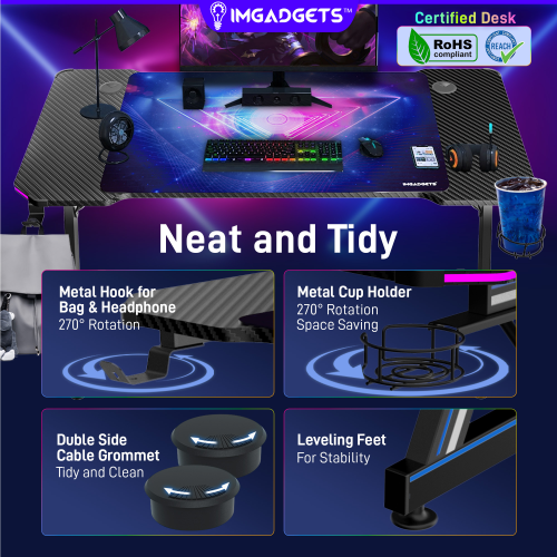 IMGadgets Z-Shaped Gaming Desk with Dynamic LED lighting & Durable Mouse Pad | 47"x24" Carbon Fiber Surface | 100 kg Load Capacity | Ultimate Gaming