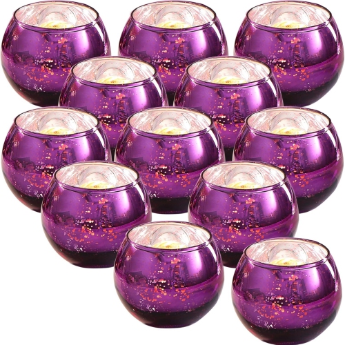 NIERBO  Glass Tealight Candle Holder Set Of 12 - Round Dark Votive Candle Holders for Table Decor, Party & Wedding Decorations In Purple