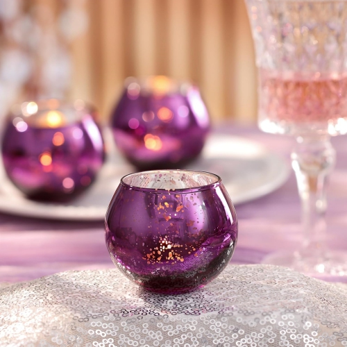 Glass Tealight Candle Holder Set of 12 - Round Dark Purple Votive Candle Holders for Table Decor, Party & Wedding Decorations