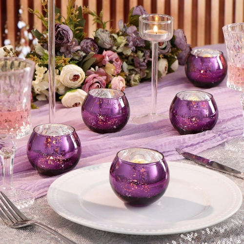 Glass Tealight Candle Holder Set of 12 - Round Dark Purple Votive Candle Holders for Table Decor, Party & Wedding Decorations