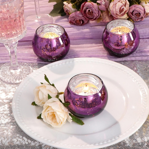 Glass Tealight Candle Holder Set of 12 - Round Dark Purple Votive Candle Holders for Table Decor, Party & Wedding Decorations