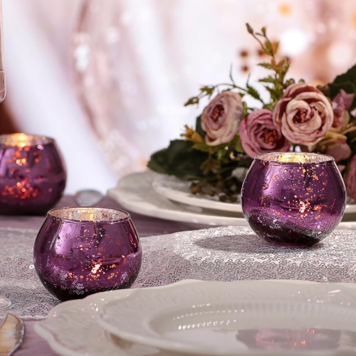 Glass Tealight Candle Holder Set of 12 - Round Dark Purple Votive Candle Holders for Table Decor, Party & Wedding Decorations