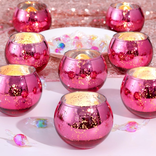 NIERBO  Glass Tealight Candle Holder Set Of 12 - Round Hot Votive Candle Holders for Table Decor, Party & Wedding Decorations In Pink