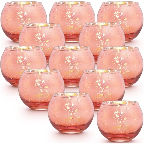 NIERBO  Glass Tealight Candle Holder Set Of 12 - Round Rose Votive Candle Holders for Table Decor, Party & Wedding Decorations In Gold