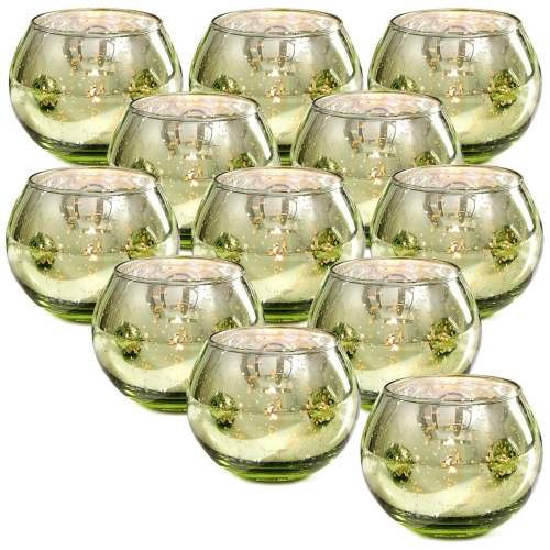 NIERBO  Glass Tealight Candle Holder Set Of 12 - Round Votive Candle Holders for Table Decor, Party & Wedding Decorations In Green