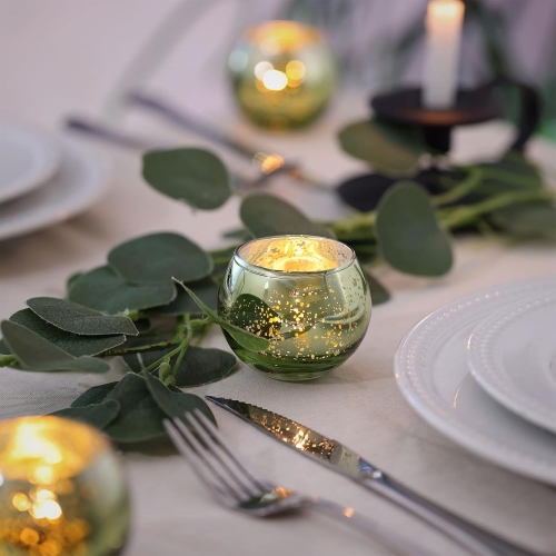 Glass Tealight Candle Holder Set of 12 - Round Green Votive Candle Holders for Table Decor, Party & Wedding Decorations