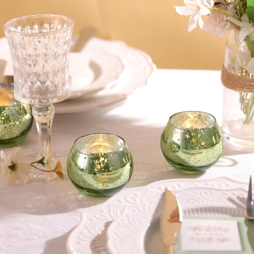 Glass Tealight Candle Holder Set of 12 - Round Green Votive Candle Holders for Table Decor, Party & Wedding Decorations