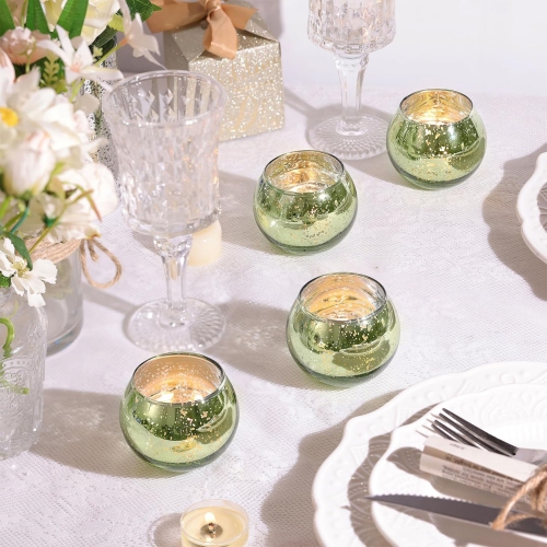 Glass Tealight Candle Holder Set of 12 - Round Green Votive Candle Holders for Table Decor, Party & Wedding Decorations