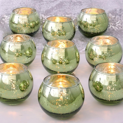 Glass Tealight Candle Holder Set of 12 - Round Green Votive Candle Holders for Table Decor, Party & Wedding Decorations