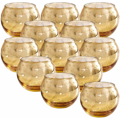 NIERBO  Glass Tealight Candle Holder Set Of 12 - Round Votive Candle Holders for Table Decor, Party & Wedding Decorations In Gold