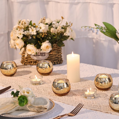 Glass Tealight Candle Holder Set of 12 - Round Gold Votive Candle Holders for Table Decor, Party & Wedding Decorations