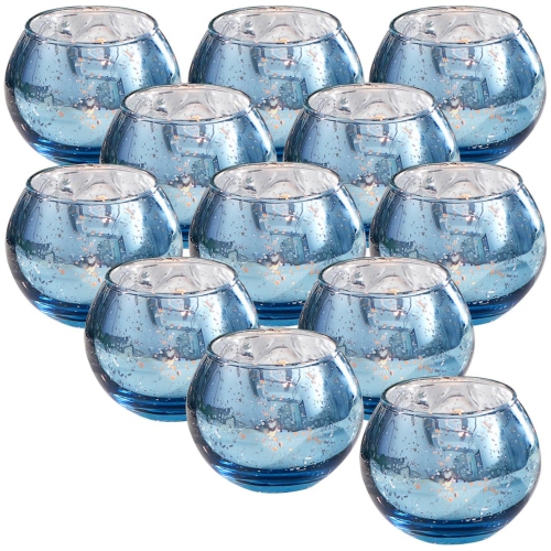 NIERBO  Glass Tealight Candle Holder Set Of 12 - Round Votive Candle Holders for Table Decor, Party & Wedding Decorations In Blue