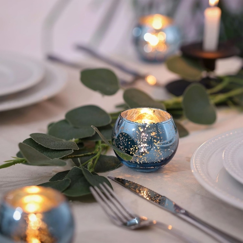 Glass Tealight Candle Holder Set of 12 - Round Blue Votive Candle Holders for Table Decor, Party & Wedding Decorations