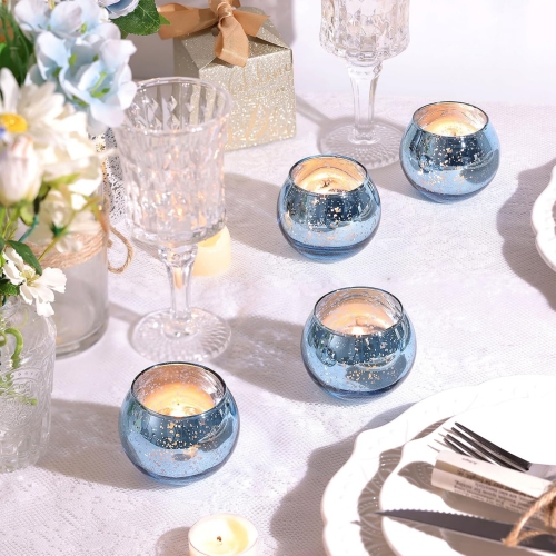 Glass Tealight Candle Holder Set of 12 - Round Blue Votive Candle Holders for Table Decor, Party & Wedding Decorations