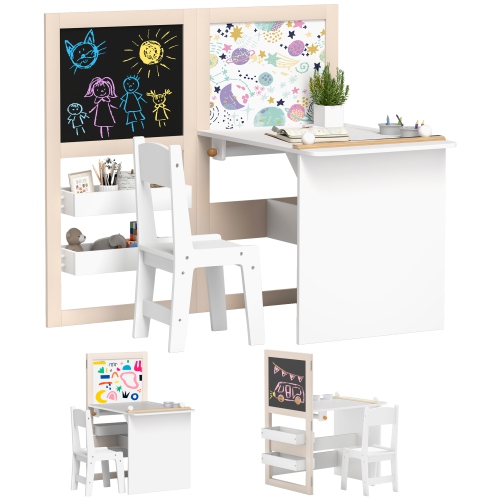 Qaba Kids Table and Chair Set, 3 in 1 Toddler Table and Chair Set with Foldable Easel, Storage Shelves, Roll Paper, Kids Art Table and Chair Set for