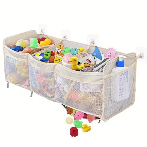 Store & Arrange Rack Hanging Mesh Bag Bath Toy Cleaning Bag - Worry no more! The 3 Compartment Horizontal Large Openings Bath Toy Organizer