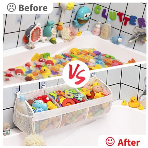 Store & Arrange Rack Hanging Mesh Bag Bath Toy Cleaning Bag - Worry no more! The 3 Compartment Horizontal Large Openings Bath Toy Organizer