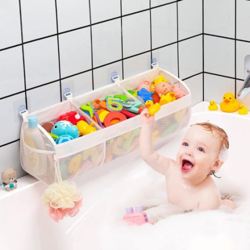 Store & Arrange Rack Hanging Mesh Bag Bath Toy Cleaning Bag - Worry no more! The 3 Compartment Horizontal Large Openings Bath Toy Organizer