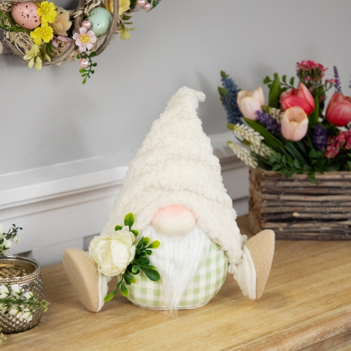 Plush Sitting Gnome with Flower Spring Figurine -10.5"