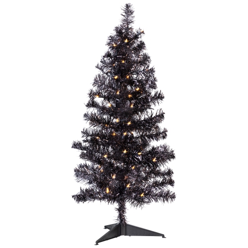 Pre-Lit Artificial Tinsel Halloween Tree - 3' - Black - Clear Lights