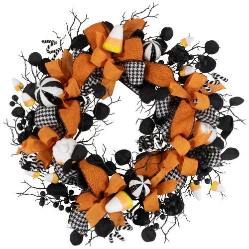 Houndstooth Bows and Candy Corn Halloween Wreath - 24" - Unlit