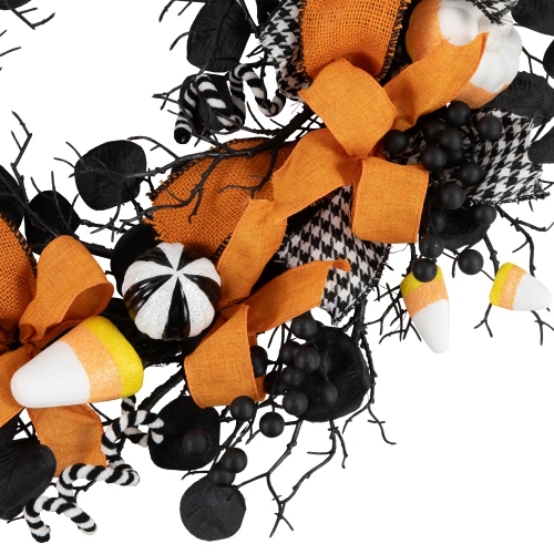 Houndstooth Bows and Candy Corn Halloween Wreath - 24" - Unlit