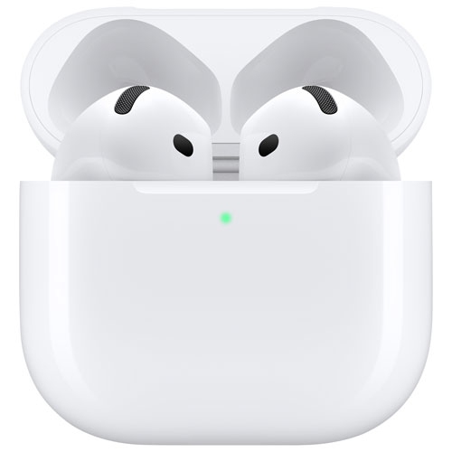 Boîte ouverte - Écouteurs boutons 100 % sans fil à suppression active du bruit AirPods 4 d'Apple avec étui de chargement USB-C.
