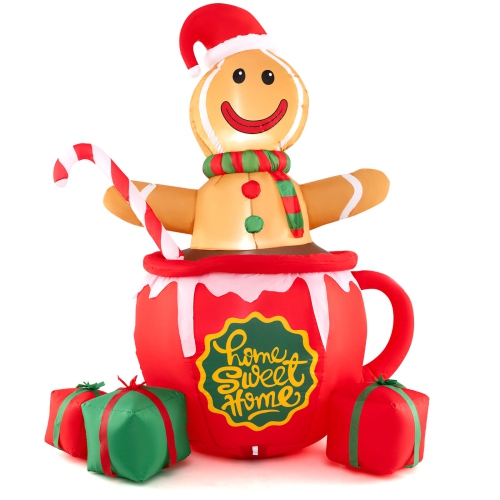 Bonhomme en pain d'épice gonflable gonflable de Noël de 7 pi de Costway dans une tasse avec boîtes-cadeaux