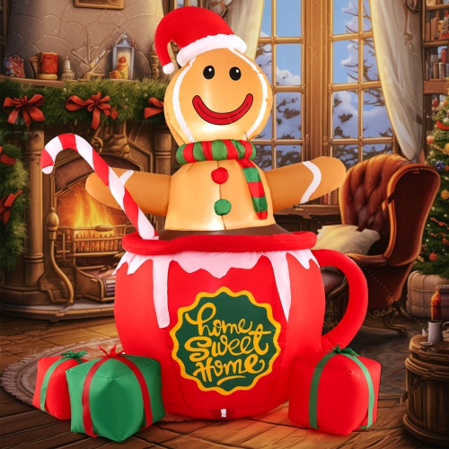 Bonhomme en pain d'épice gonflable gonflable de Noël de 7 pi de Costway dans une tasse avec boîtes-cadeaux