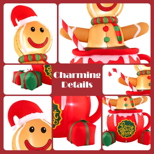 Bonhomme en pain d'épice gonflable gonflable de Noël de 7 pi de Costway dans une tasse avec boîtes-cadeaux