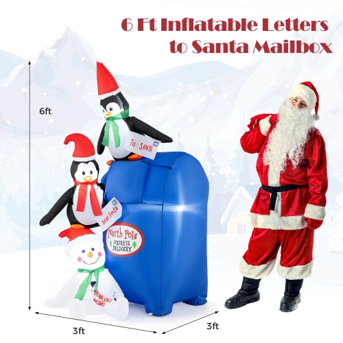 Boîte aux lettres illuminée Christmas Blow up de Costway 6 pi à boîte aux lettres du père Noël avec pingouins et homme de neige