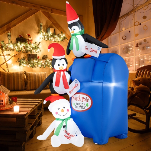 Boîte aux lettres illuminée Christmas Blow up de Costway 6 pi à boîte aux lettres du père Noël avec pingouins et homme de neige