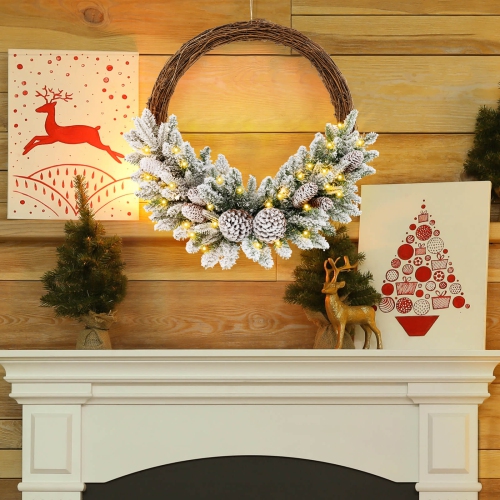 Costway 2 PCS 24" Christmas Wreath with 65 Branch Tips 8 Natural Pine Cones 6 Lighting Modes