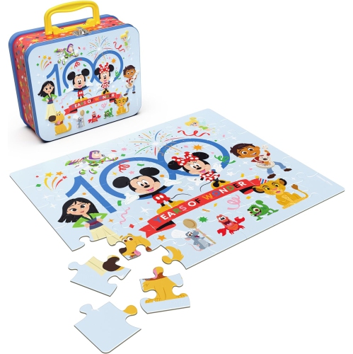 SPIN MASTER  Disney 100 Anniversary, 48-Piece Jigsaw Puzzle In Metal Tin Handle Lunch Box, Puzzles for Kids Ages 4-8