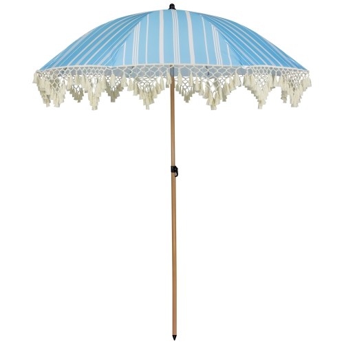 Striped Outdoor Macrame Boho Beach Market Umbrella with Tilt - 6.5' - Sky Blue and White