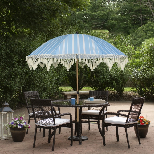 Striped Outdoor Macrame Boho Beach Market Umbrella with Tilt - 6.5' - Sky Blue and White