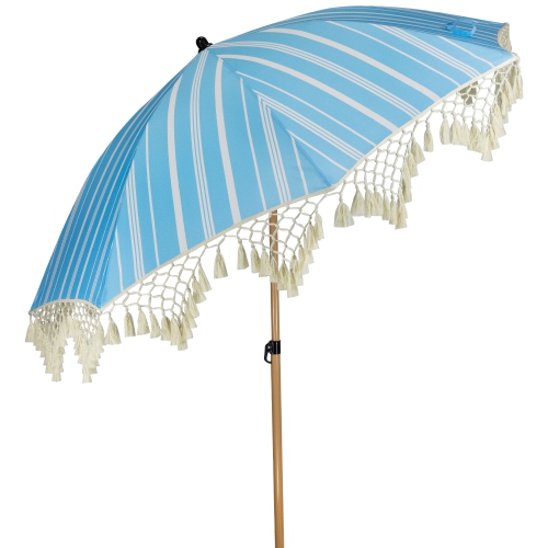 Striped Outdoor Macrame Boho Beach Market Umbrella with Tilt - 6.5' - Sky Blue and White