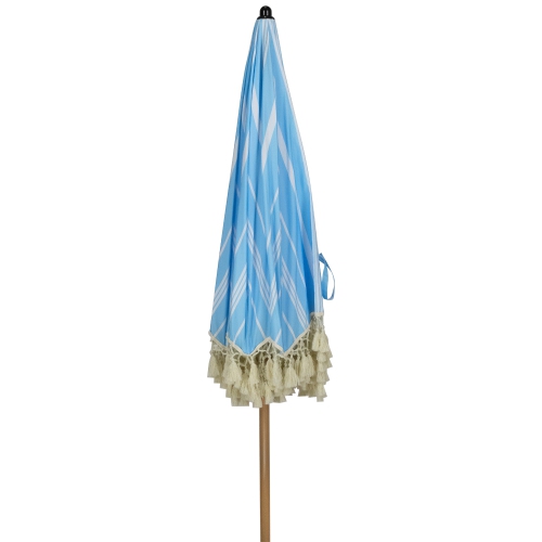 Striped Outdoor Macrame Boho Beach Market Umbrella with Tilt - 6.5' - Sky Blue and White