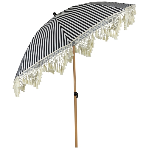 Striped Outdoor Macrame Boho Beach Market Umbrella with Tilt- 6.5' - Black and White