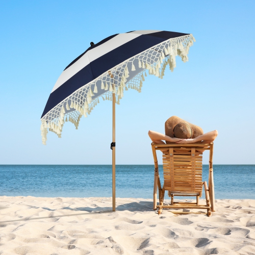 Parasol de plage inclinable d'extérieur rayé - 6,5 pi - Bleu et blanc