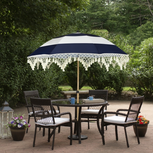 Striped Outdoor Tilting Macrame Boho Beach Market Umbrella - 6.5' - Blue and White