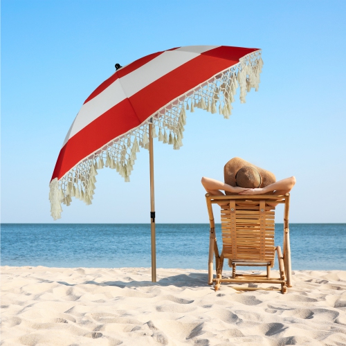 Parasol de plage d'extérieur rayé avec Tiltt- 6,5 pi - Rouge et blanc