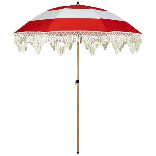 Striped Outdoor Macrame Boho Beach Market Umbrella with Tiltt- 6.5' - Red and White