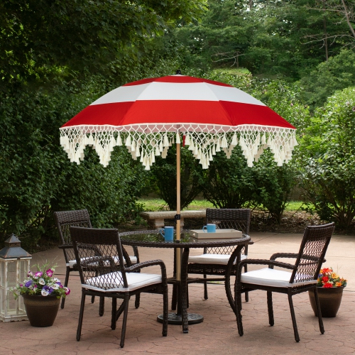 Striped Outdoor Macrame Boho Beach Market Umbrella with Tiltt- 6.5' - Red and White