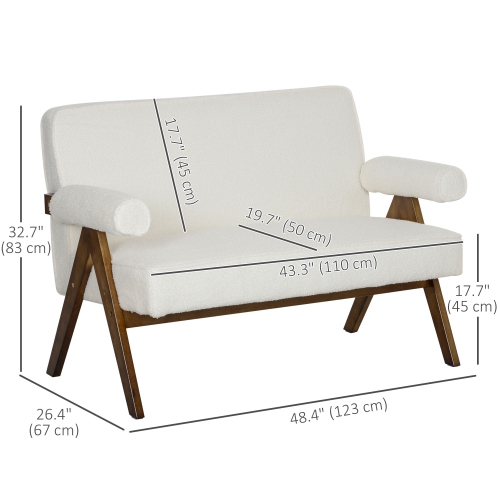 HOMCOM 48" Loveseat Sofa, 2 Seater Sofa Couch with 5.5" Thick Padding and Rubber Wood Legs, Boucle Fabric Upholstered for Living Room, Bedroom, Home