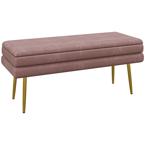 HOMCOM  Storage Bench, Velvet-Feel Upholstered End Of Bed Bench With Gold Tone Legs, Bench With Storage for Living Room, Entryway, Bedroom In Pink