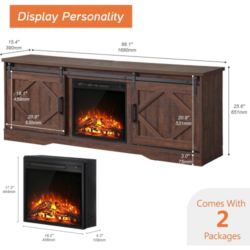 WAMPAT Fireplace TV Stand Farmhouse Sliding Barn Door Entertainment Center for TVs Up to 100 inches,Wood TV Media Console Table Cabinet Storage for