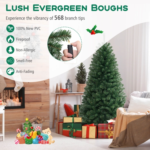 Costway 6 FT Christmas Tree with 568 PVC Branch Tips 200 Warm White LED Lights Gloves