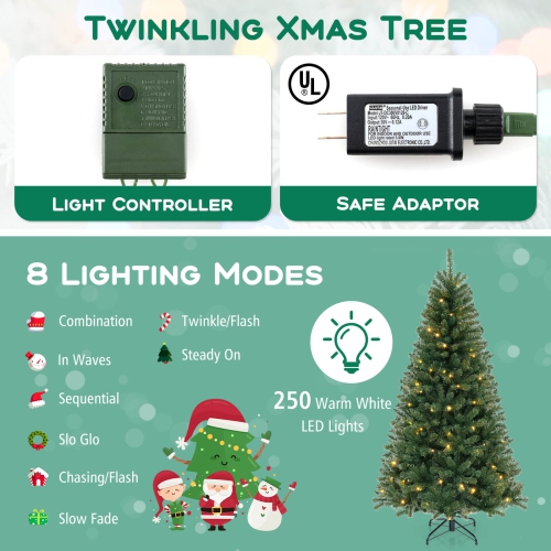 Costway 7 FT Christmas Tree with 830 PVC Branch Tips 250 Warm White LED Lights Gloves